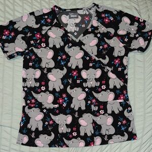 Elephant Print Women's Scrub Top - Black and Pink